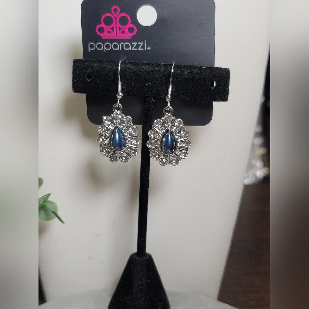 Paparazzi Silver Earrings with Blue Pearl And Rhinestone Accents